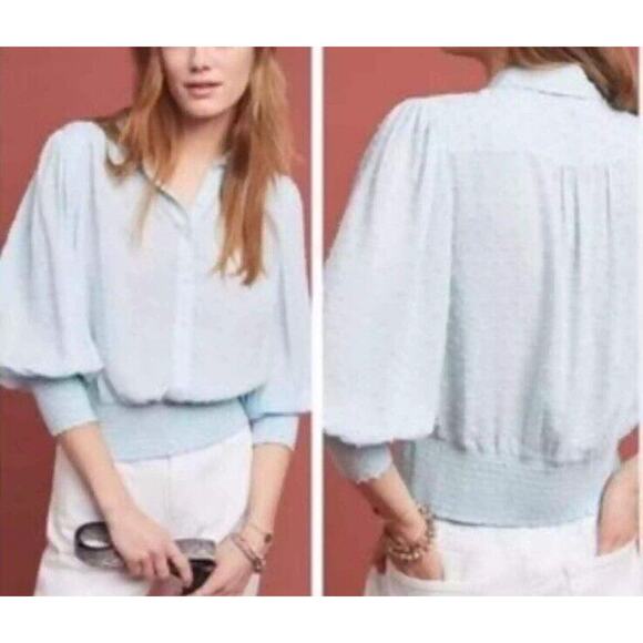 Maeve Anthropologie Womens Blue Rosa Swiss Dot Smocked Hem Blouse Sz XL - Picture 2 of 10